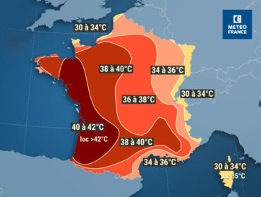 Carte de la France faisant apparaître les températures maximales pour la journe du 18 juillet 2023, avec des temépratures de 40 à 42 degrés sur la façade Atlantique