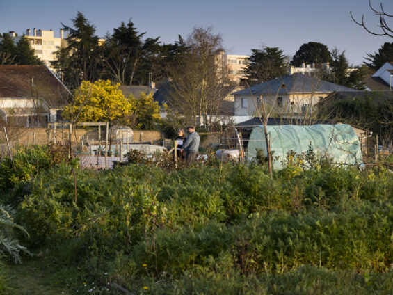 Deux personnes discutent dans un jardin bordé de pavillons, en arrière plan des immeubles.