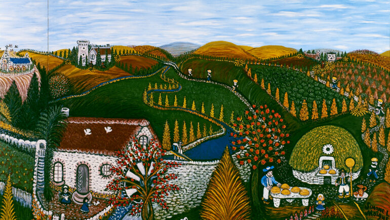 Un des 6 tableaux de l'Histoire du pain : Le moulin et le four.