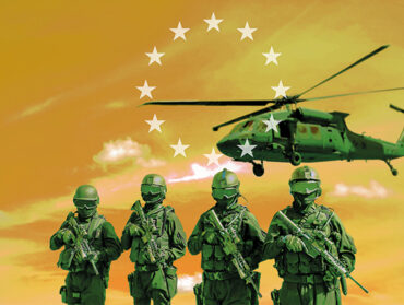 Visuel présentant 4 soldats casqués et armés, un hélicoptère et les étoiles symbolisant les pays de l'Union européenne