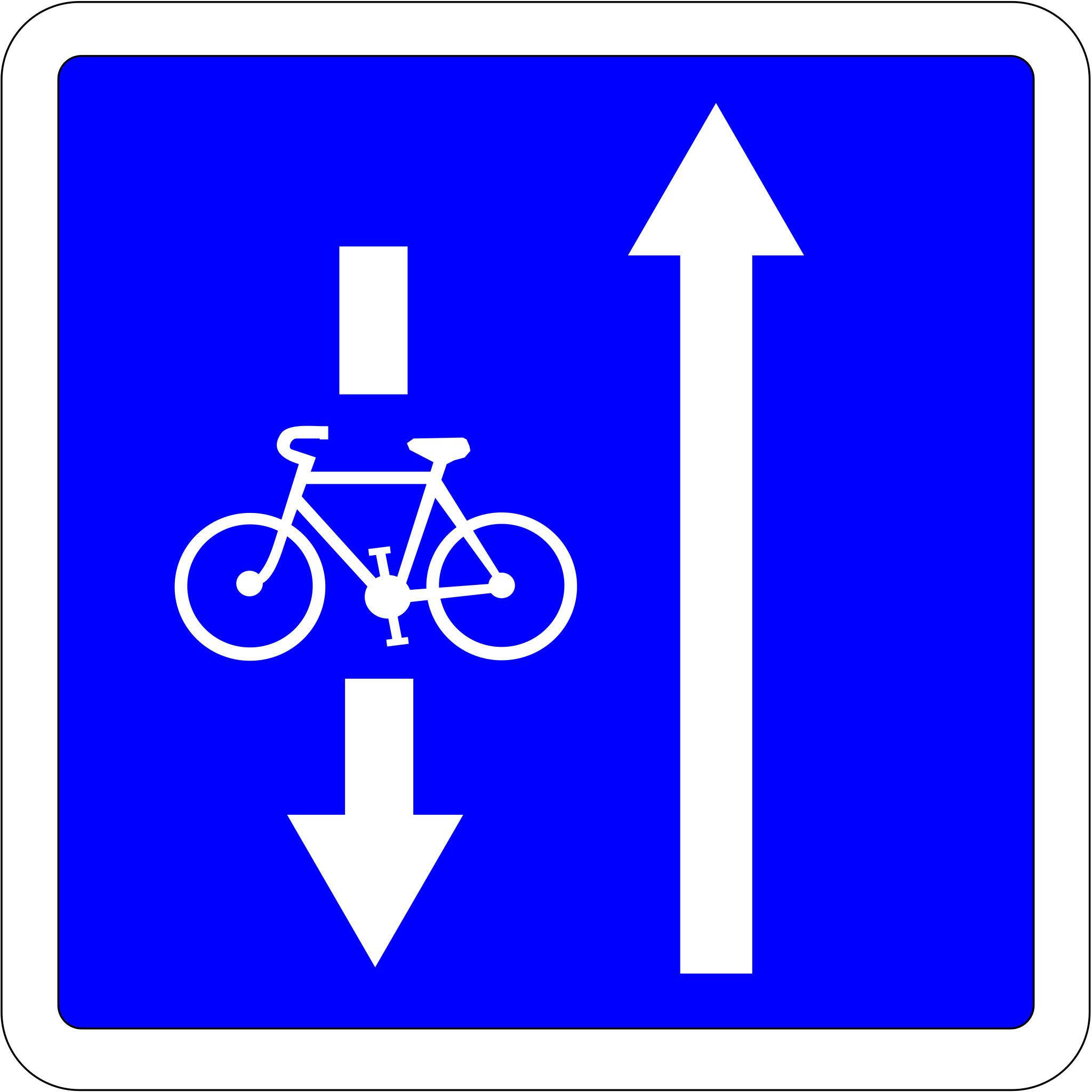 Panneau carré sur fond bleu avec une flèche blanche verticale avec un vélo qui descend et une flèche blanche simple qui monte.