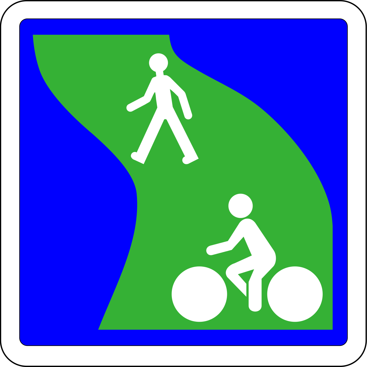 Panneau sur fond bleu que traverse un chemin en vert sur lequel circulent un piéton et un cycliste.