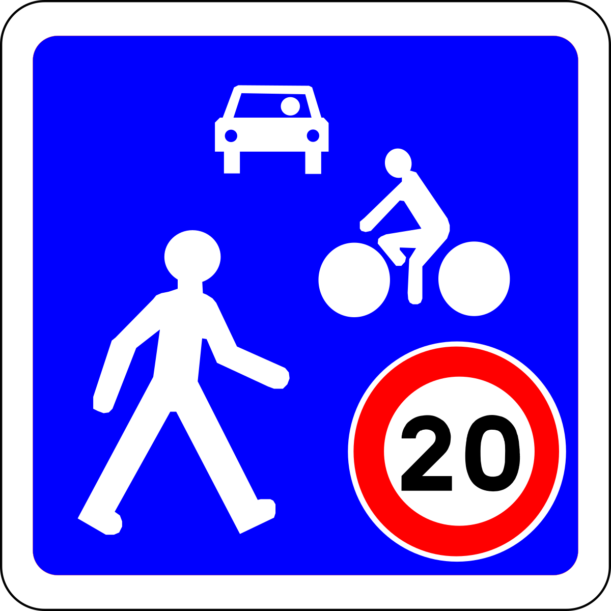 Panneau sur fond bleu avec un piéton, un cycliste, une voiture en blanc et un panneau de limitation de vitesse à 20 km/h.