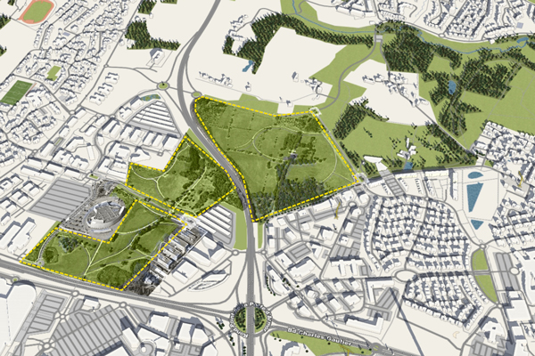 Croquis sur laquelle est figuré le périmètre concerné par la concertation et les futurs aménagements des parcs du Zénith et des Quatre Vents.