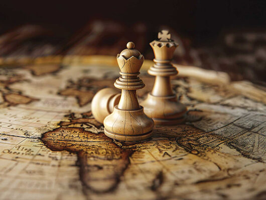 Des pions d'échec sont positionnés sur une vieille carte du monde.